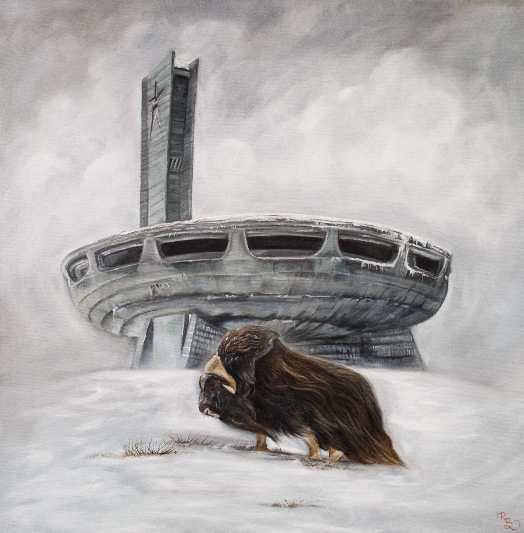 single musk ox in the middle of a blizzard with a Soviet Union military base in the background