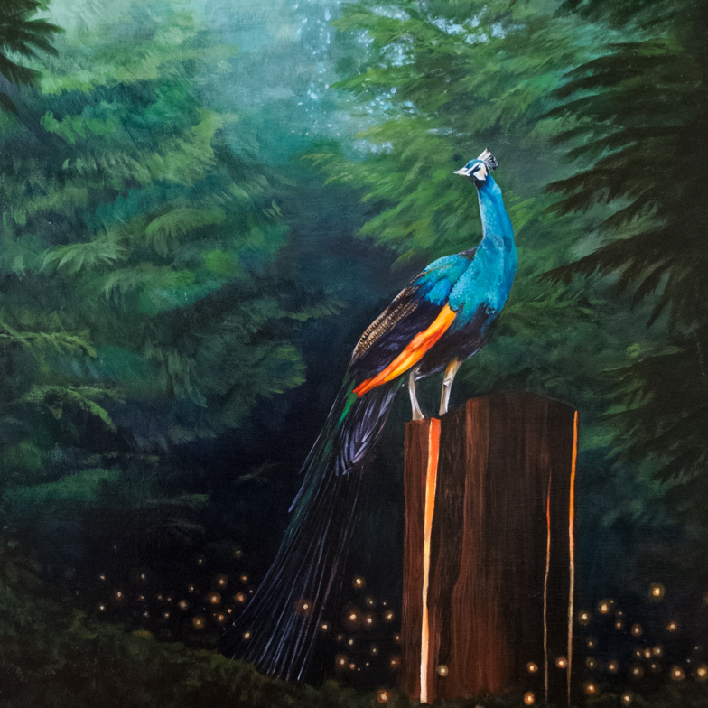 peacock standing on top of a stump inlaid with glowing lights surrounded by trees and forest scenery with a stream of fireflies drifting throughout